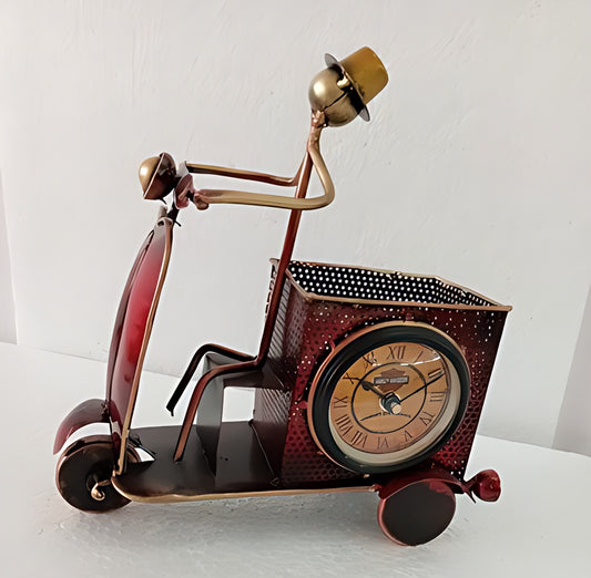 RED SCOOTER PEN STAND WITH CLOCK