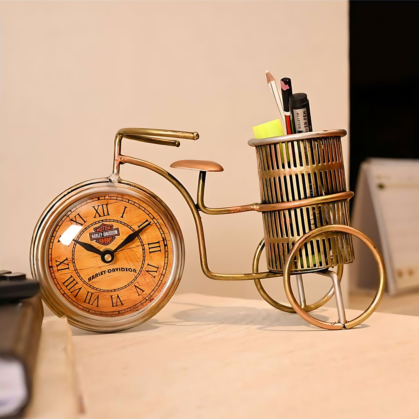 Handcrafted | Home Decor | Cycle Pen Stand With Clock